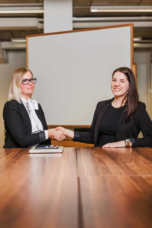 women sitting table shaking hands smiling after tax negotiation